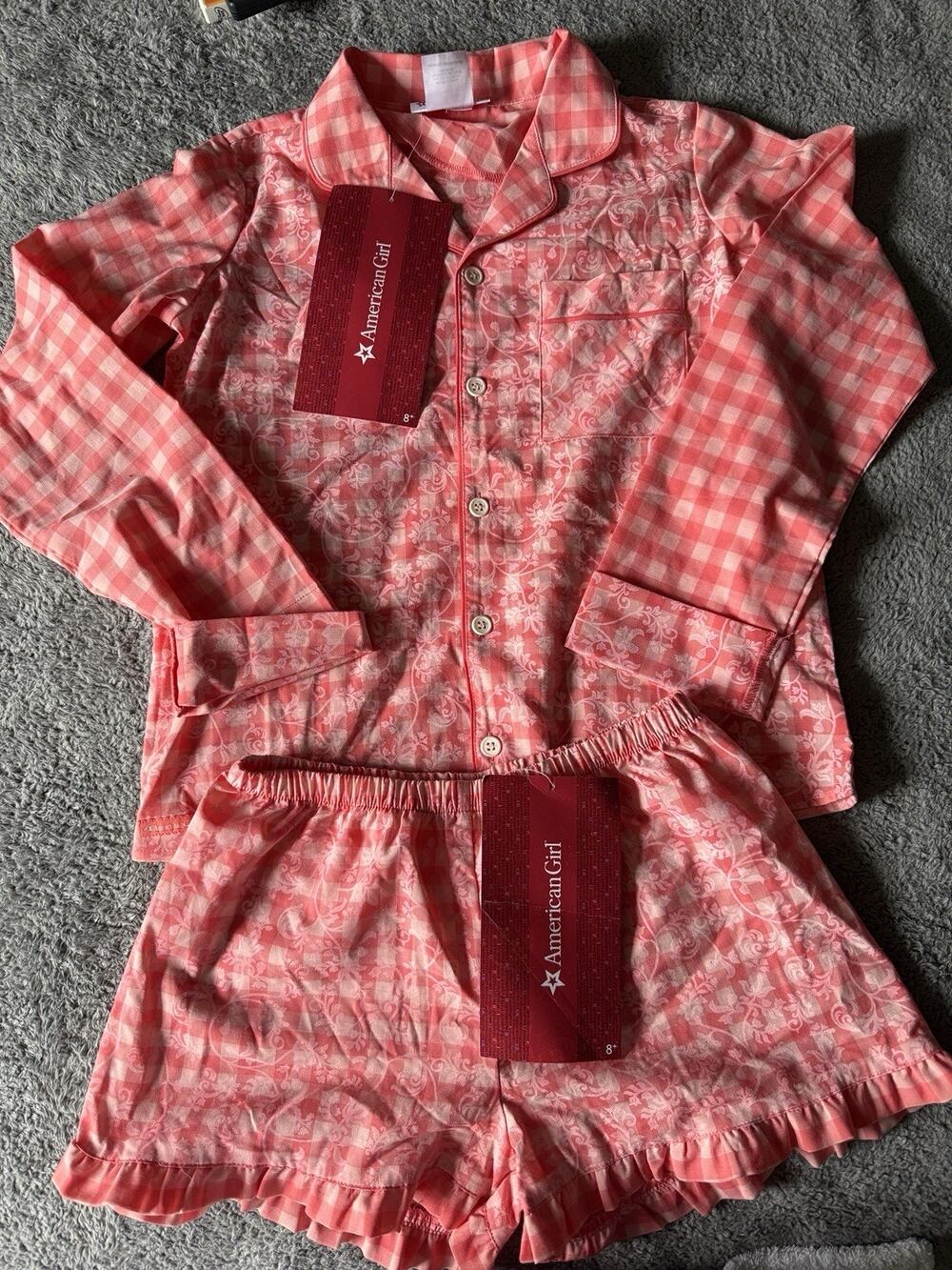 American Girl Tenney Gingham Pajamas Girls M 10/12 Pink Coral NWT 2017 PJs